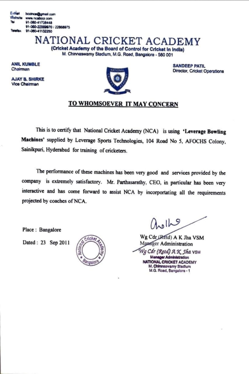 National Cricket Academy about Leverage Bowling Machine